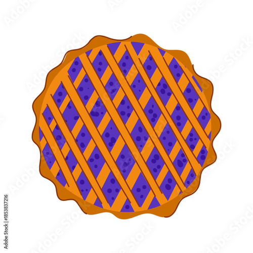Whole blueberry pie featuring a golden lattice crust and vibrant purple fruit filling, depicted from a top down perspective, representing baking, dessert, and homemade treats