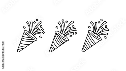 Three black line art icons depicting party poppers exploding with confetti streamers