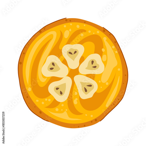 Bakery pie features a golden crust with filling and light colored fruit slices arranged in a circular pattern, creating a delicious dessert illustration