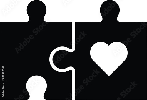 Two Black Puzzle Pieces Interlocking, One with a White Heart Symbol on White Background connection relationship