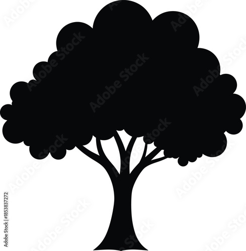 Silhouette of a Black Tree with a Full Rounded Canopy on White Background shape form
