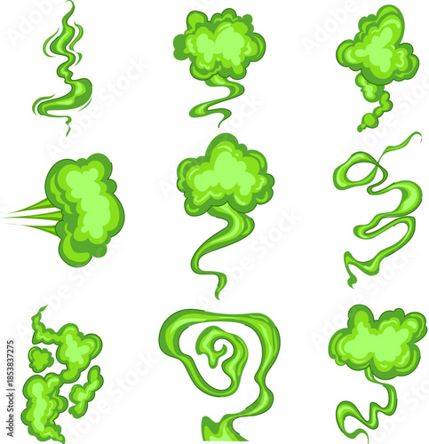 Green odor gas cloud effects spreading across a white background, representing bad smell, toxic fumes, steam, smoke, or pollution concepts in various cartoon styles