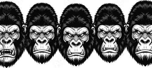 Powerful Angry Gorilla Head Vector Mascot Set, Fierce Silverback Ape Face Portraits, Intense Primate Illustrations for Sport Team Logos and Branding