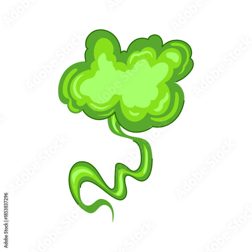 Green cartoon cloud with a swirling tail representing toxic smoke, foul odor or hazardous gas, symbolizing pollution, chemical fumes, air contamination and health risk