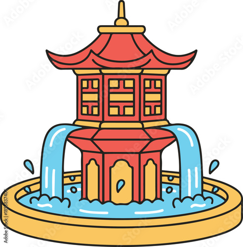 Traditional Chinese pagoda fountain vector illustration. A colorful red and gold architectural water feature designed like an Asian pavilion, with blue water flowing into a round basin. 