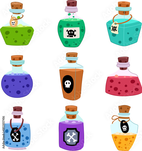 Various fantasy vials filled with colorful toxic liquids, sealed with corks and featuring skull and crossbones symbols, representing dangerous elixirs and spooky concoctions