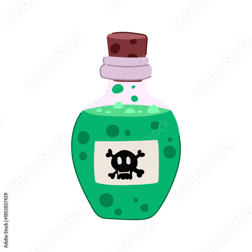 Cartoon drawing showing a glass bottle filled with bubbling green liquid and sealed with a cork stopper, featuring a skull and crossbones warning label symbolizing danger and toxicity