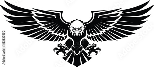 Powerful bald eagle mascot with spreading wings and sharp talons, vintage black and white predatory bird logo for patriotic sports.