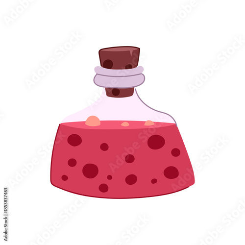 Drawing a graphic illustration of a red liquid potion bottle containing a mysterious bubbling fluid, capped with a cork, conveying concepts of magic, alchemy, and fantasy
