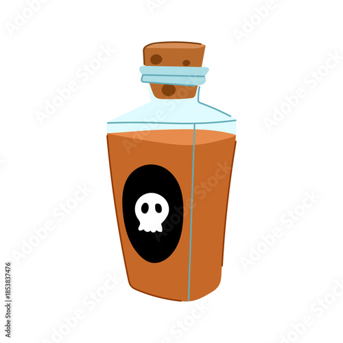 Poison potion bottle containing an orange liquid, sealed with a cork stopper, and featuring a skull symbol on a black label, representing danger and a toxic substance