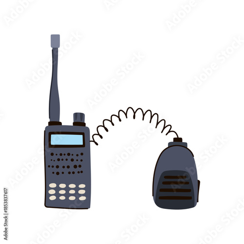 Handheld walkie talkie with external speaker microphone, illustrating two way radio communication for security, emergency response, law enforcement and public safety operations and teamwork