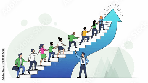 Diverse group of people climbing stairs symbolizing success and teamwork.