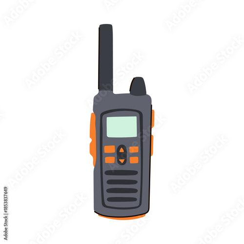 Grey and orange two way radio illustration symbolizing portable wireless communication and secure dispatch for emergency responders, security, outdoor teams, and professional coordination