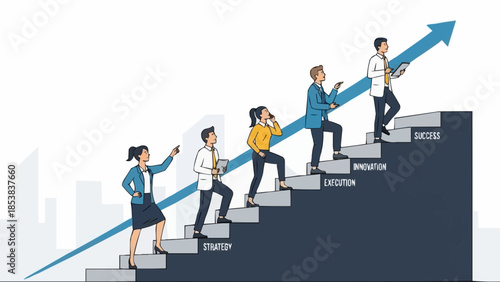 Diverse group of professionals ascending stairs towards success and growth.