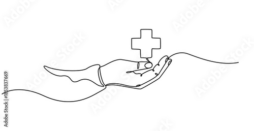 Animated self drawing of  Hand holding medical cross symbol in one continuous line drawing , Continuous line drawing of palm hand holding medical cross and heart love. Vector illustration, continuous 