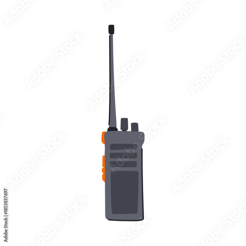 Gray radio walkie talkie featuring an antenna and orange buttons, presenting effective long distance vocal communication typically used by police, military, or security services