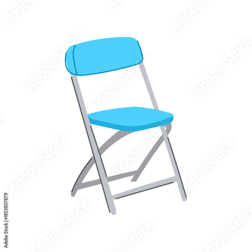 Portable folding chair providing seating furniture solution, useful for events, outdoor activities, or temporary arrangements, featuring a blue seat and backrest with a silver metallic frame