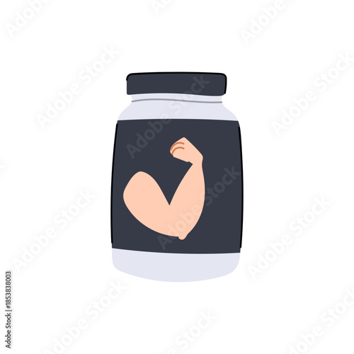 Protein supplement jar with a flexing arm icon symbolizing strength, muscle growth, and vigorous physical activity, essential for workout and healthy lifestyle on a clean white background