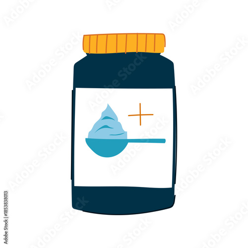 Supplement jar with a scoop of protein powder symbolizing fitness nutrition, muscle building, workout recovery and strength for healthy lifestyle, gym training and performance gains