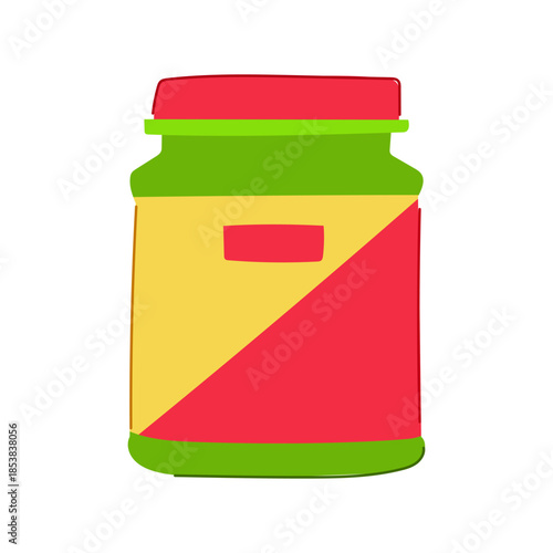 Colorful stylized protein supplement jar featuring a vibrant red and yellow design with a green band and red lid, symbolizing bodybuilding, health boost, and active lifestyle