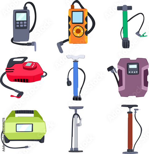 Collection of air pumps and inflators in different styles, including portable digital compressors, manual floor pumps, and electric models, ready for tire maintenance and general inflation tasks