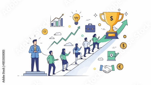 Team climbing stairs towards success and trophy with leader guiding.