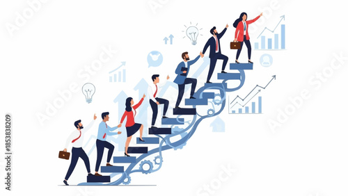 Team of professionals climbing stairs towards success and growth.