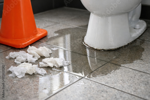 Leaking toilet with water puddle on bathroom floor and scattered wet tissues near base indicating plumbing problem
