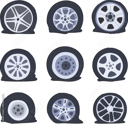 Set of nine punctured vehicle wheels with different rim designs, depicting automotive breakdown, unexpected problems, and the need for roadside assistance in transportation