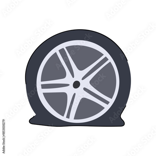 Car wheel with a flat tire and deflated rubber, symbolizing vehicle breakdown, emergency roadside assistance, and mechanical problems on a white background