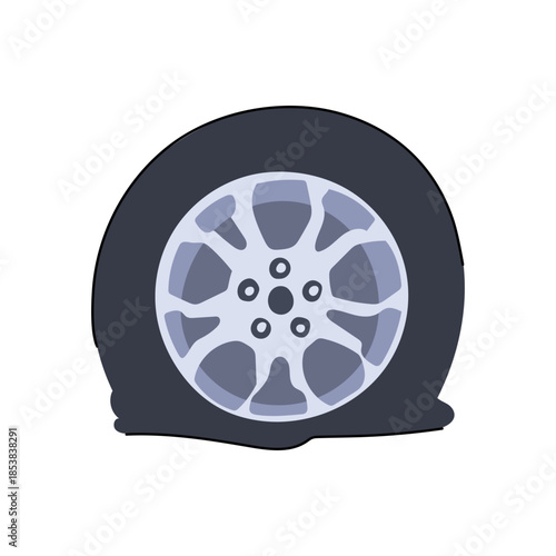 Automobile wheel with a flat tire illustrating concept of vehicle breakdown, mechanical failure, and requiring immediate roadside assistance or repair service