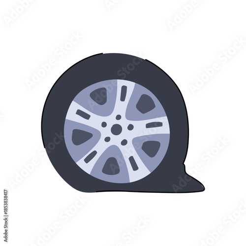 Flat tire on car wheel shown on white background, symbolizing roadside breakdown, puncture or deflated tire needing immediate repair, maintenance or emergency assistance