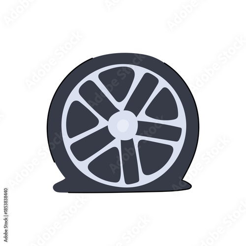 Flat tire, experiencing a puncture or complete air loss, indicating unexpected vehicle trouble, malfunction, or a need for roadside assistance and repair