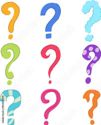 Nine colorful stylized question marks in different patterns and textures on a white background, symbolizing curiosity, problem solving, uncertainty, and seeking answers