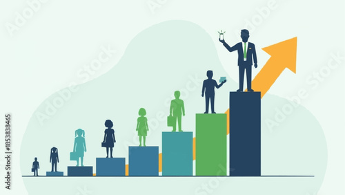 Business growth and success illustrated by people on a rising graph.