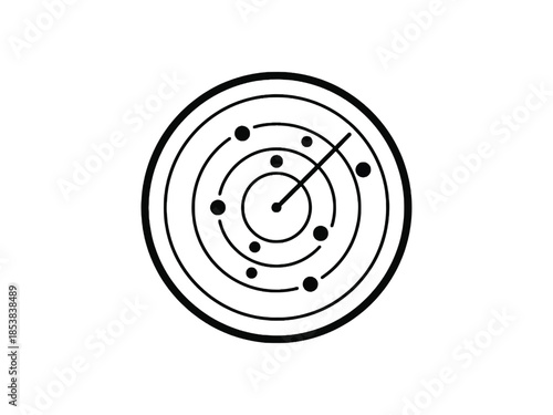 A simple black and white circular radar screen with a central point