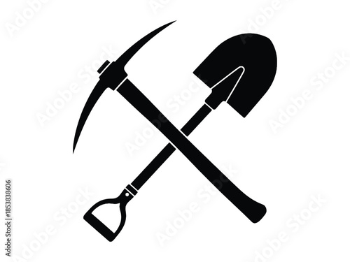 A crossed pickaxe and shovel simple black and white illustration