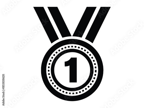 Black and white illustration of a first place medal with number one