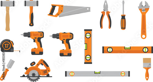 Construction hand tools illustration set featuring hammer, drill, saw, wrench, screwdriver, level, and measuring equipment for repair and DIY projects