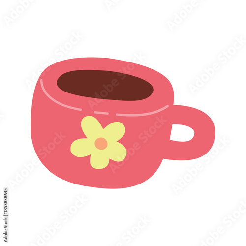 Cute Pink Coffee Cup with Flower Hand Drawn Illustration