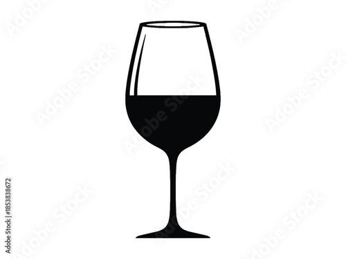 A simple black and white illustration of a wine glass with liquid
