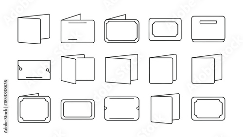 Collection of simple black line icons representing various folded brochure layouts and wallet design templates