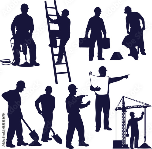 Collection of diverse construction worker silhouettes performing various building and industrial tasks, showcasing labor, development, and project management
