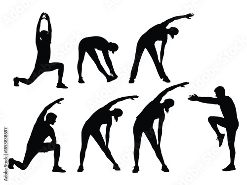 Silhouettes illustrating a sequence of dynamic stretching and exercise poses