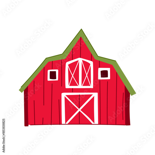 Red farm barn building featuring a green roof, white doors, and windows, presenting an iconic symbol for farming, rural themes, and country living concepts