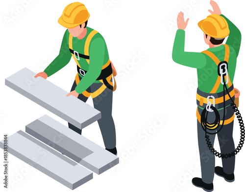 Construction worker wearing safety harness and helmet performing building tasks, industrial labor scene illustrated in modern isometric vector style