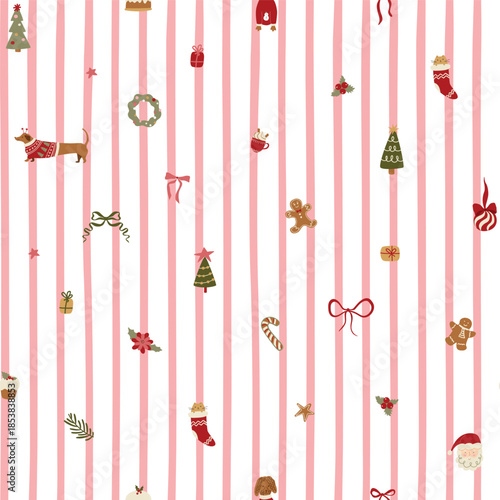 Christmas striped seamless pattern decorated tiny winter holiday elements - Santa, fir tree, pudding, gingerbread, bow, dog, sock. Vector repeat background with pink stripes, textile design, wallpaper