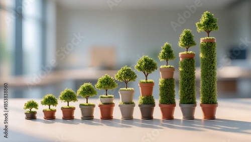 Row of potted trees increasing in height, symbolizing personal growth, learning, career development, and motivation, ideal for business and self-improvement concepts