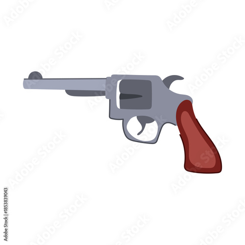 Revolver firearm handgun featuring a gray barrel and cylinder with a reddish brown handle, representing danger, security, and protection on a white background