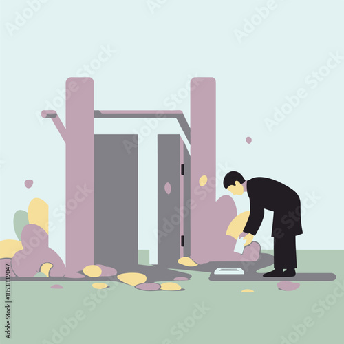 Man clearing debris from a damaged doorway